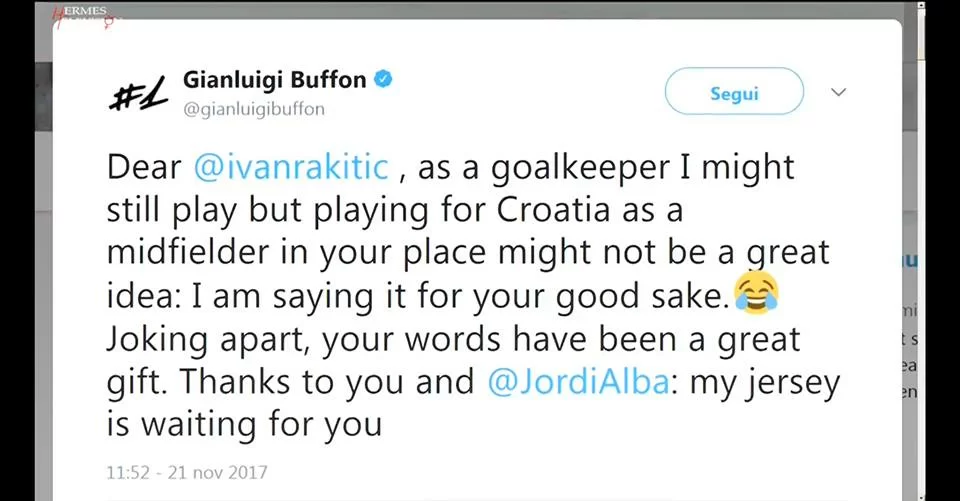 Buffon risponde a Rakitic, quel che succede su Twitter è FANTASTICO