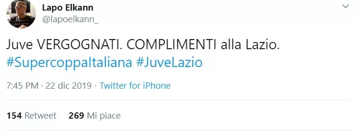 Supercoppa – Lapo Elkann su Twitter: “Juventus vergognati”