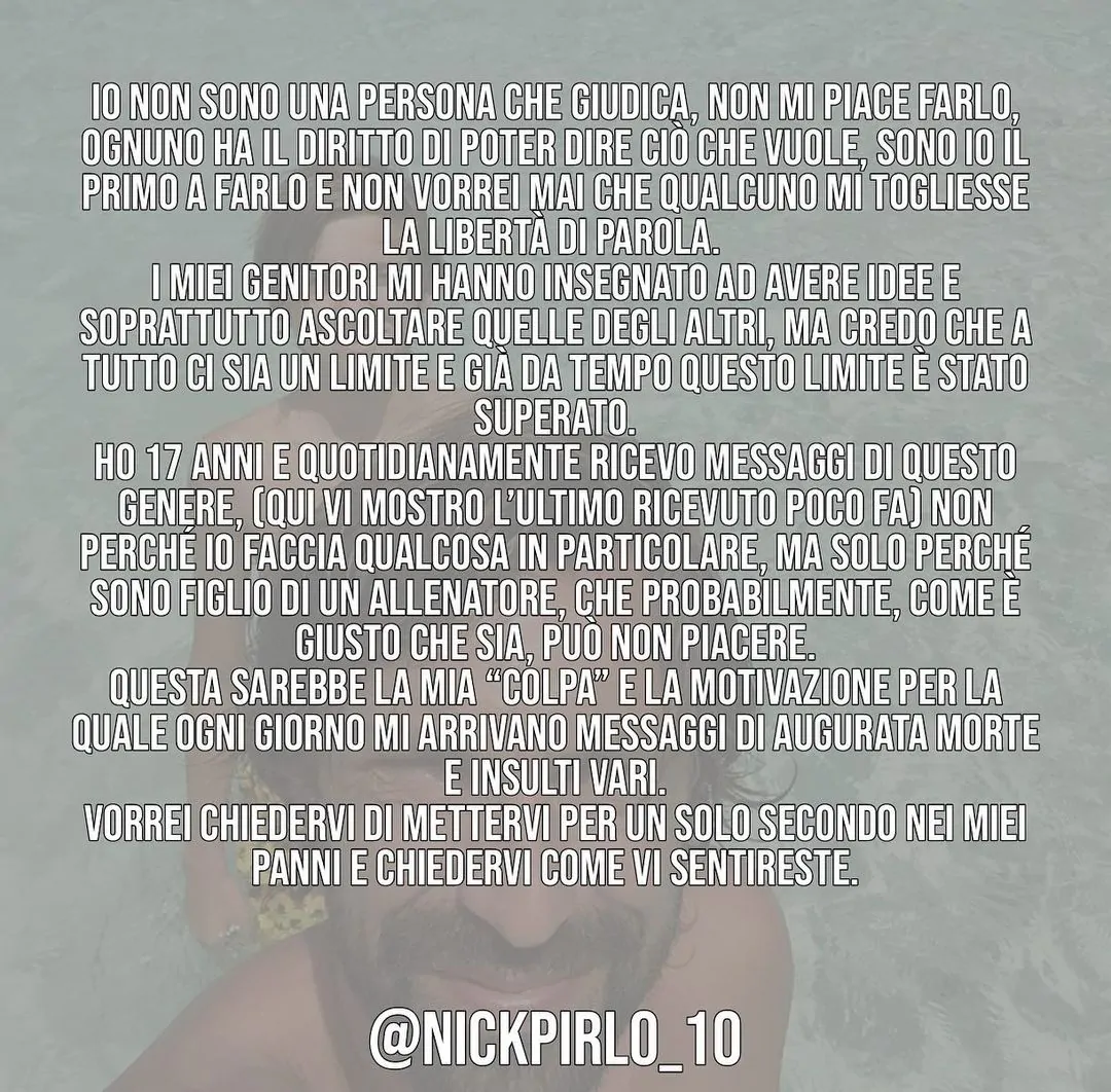 Il figlio di Pirlo sbotta: “Ricevo in continuazione messaggi in cui mi augurano di morire, ora basta”